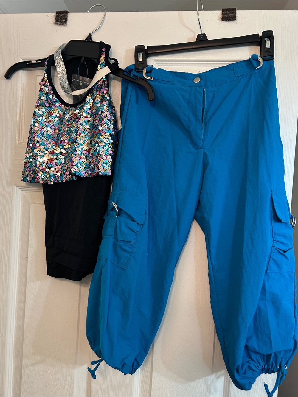 Kids Dance Sequin Halter Top with Bright Blue Cargo Pants with headband